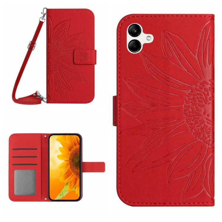 For Samsung Galaxy F14 Global HT04 Skin Feel Sun Flower Embossed Flip Leather Phone Case with Lanyard