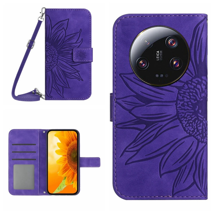 For Xiaomi 13 Ultra HT04 Skin Feel Sun Flower Embossed Flip Leather Phone Case with Lanyard