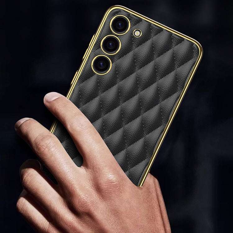 For Samsung Galaxy S23 5G GKK Rhombus Pattern Electroplating Plain PU Phone Case