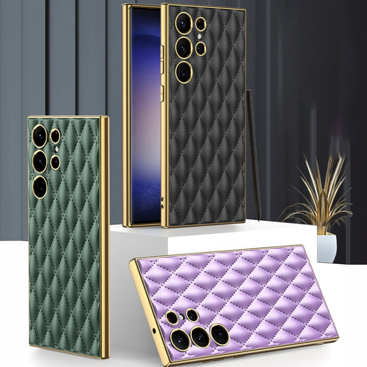 For Samsung Galaxy S23 Ultra 5G GKK Rhombus Pattern Electroplating Plain PU Phone Case
