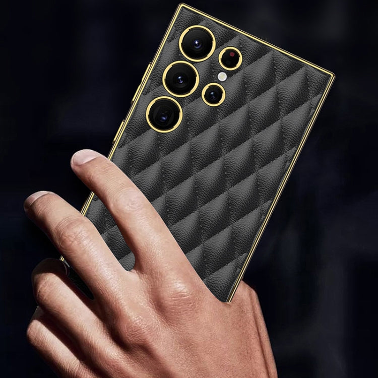 For Samsung Galaxy S23 Ultra 5G GKK Rhombus Pattern Electroplating Plain PU Phone Case