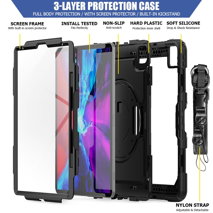 For iPad Pro 12.9 (2020) Shockproof Colorful Silicone + PC Protective Tablet Case with Holder & Shoulder Strap & Hand Strap & Pen Slot