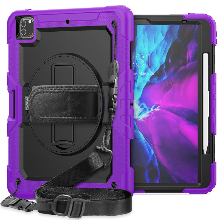 For iPad Pro 12.9 (2020) Shockproof Colorful Silicone + PC Protective Tablet Case with Holder & Shoulder Strap & Hand Strap & Pen Slot