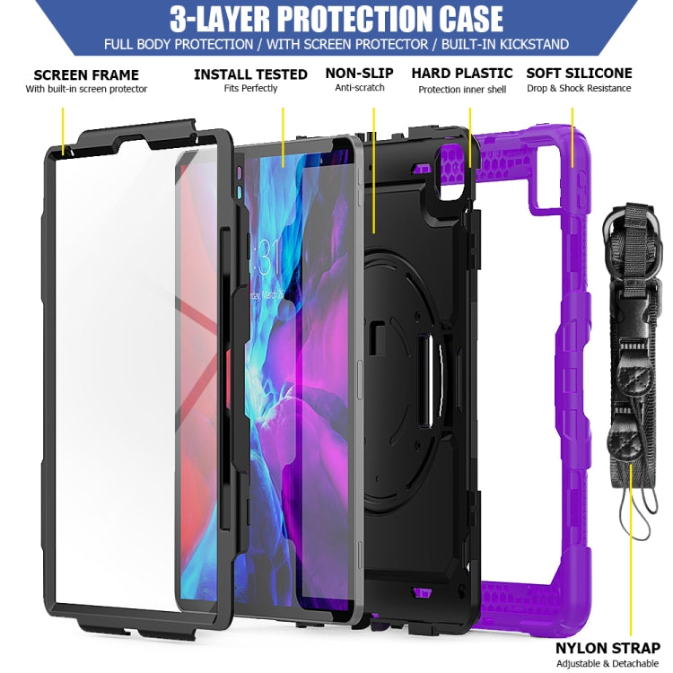 For iPad Pro 12.9 (2020) Shockproof Colorful Silicone + PC Protective Tablet Case with Holder & Shoulder Strap & Hand Strap & Pen Slot