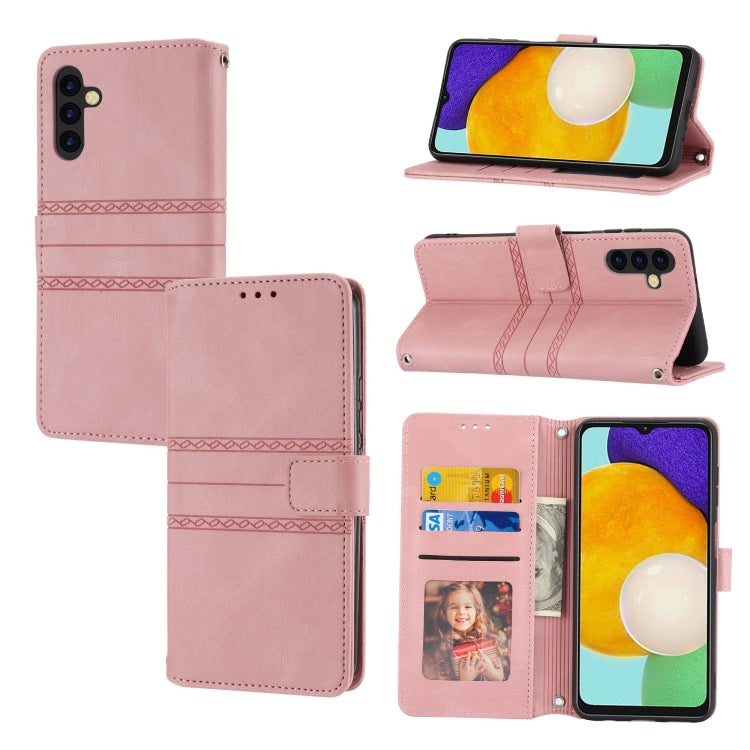 For Samsung Galaxy A14 5G Embossed Stripes Skin Feel Leather Phone Case