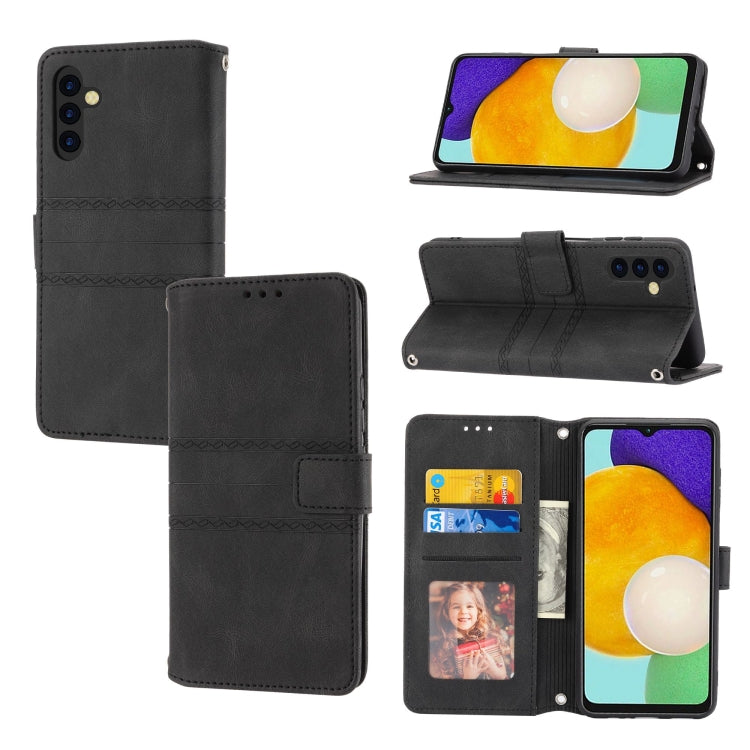 For Samsung Galaxy A14 5G Embossed Stripes Skin Feel Leather Phone Case