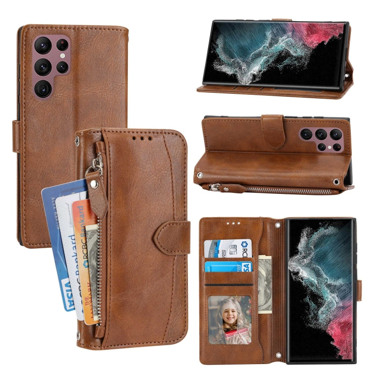 For Samsung Galaxy S23 Ultra 5G Oil Skin Zipper Wallet Leather Phone Case