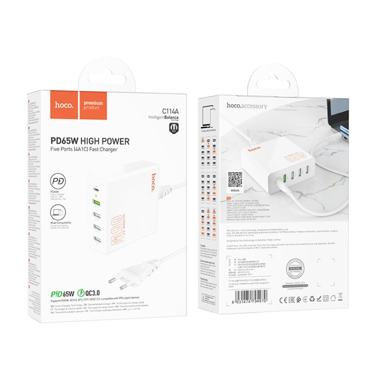 hoco C114A Vision PD 65W USB-C / Type-C + 4 USB Five Ports Fast Charger, Plug Type:EU Plug(White)