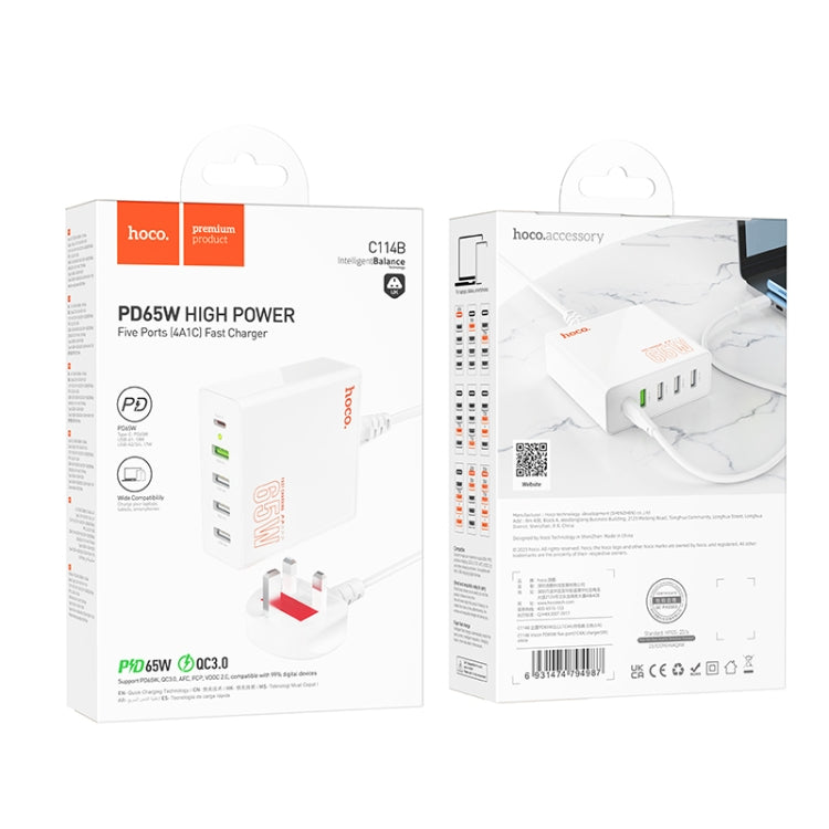hoco C114B Vision PD 65W USB-C / Type-C + 4 USB Five Ports Fast Charger, Plug Type:UK Plug(White)