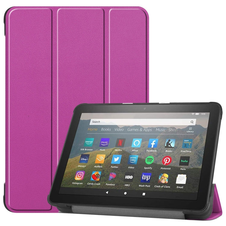 For Kindle Fire HD 8 (2020) Custer Pattern Pure Color Horizontal Flip Leather Case with Three-folding Holder & Wake-up / Sleep Function
