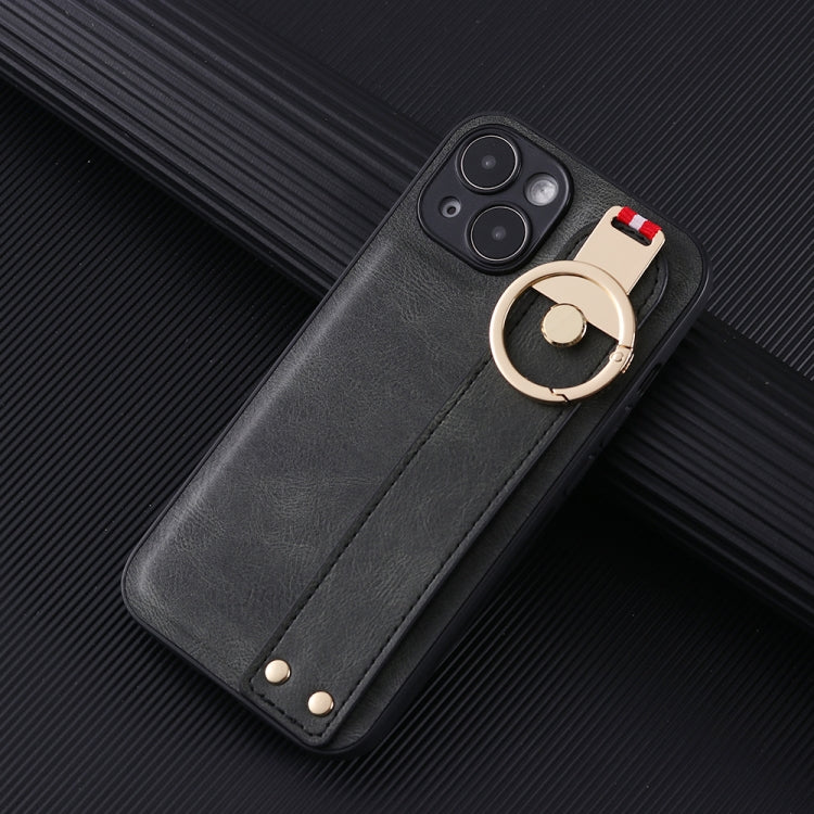 For iPhone 14 Wristband Leather Back Phone Case