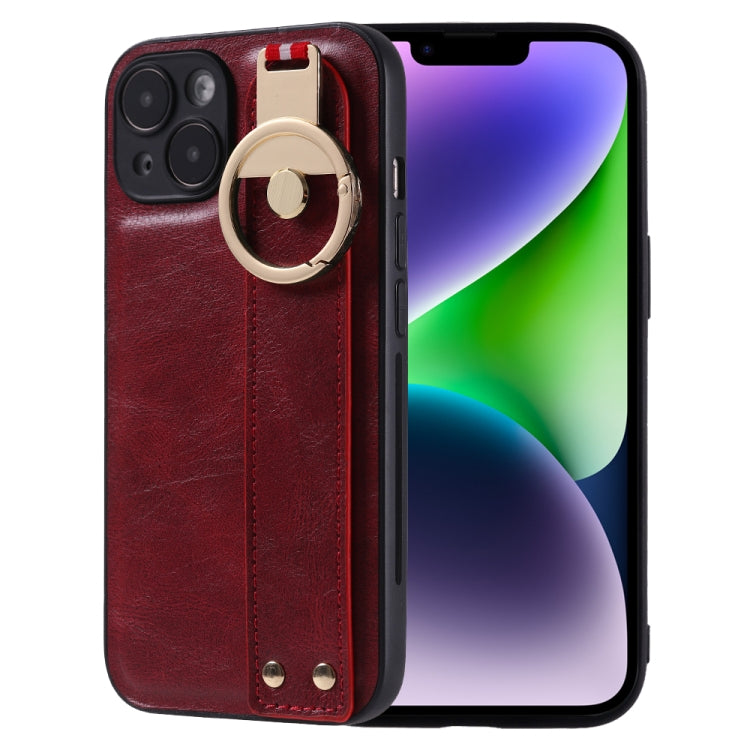 For iPhone 14 Wristband Leather Back Phone Case