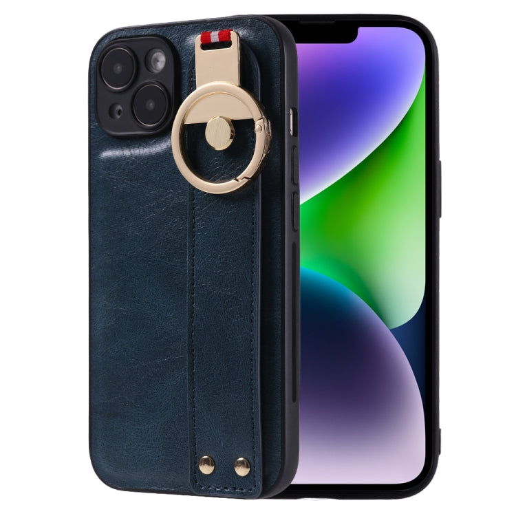 For iPhone 14 Plus Wristband Leather Back Phone Case