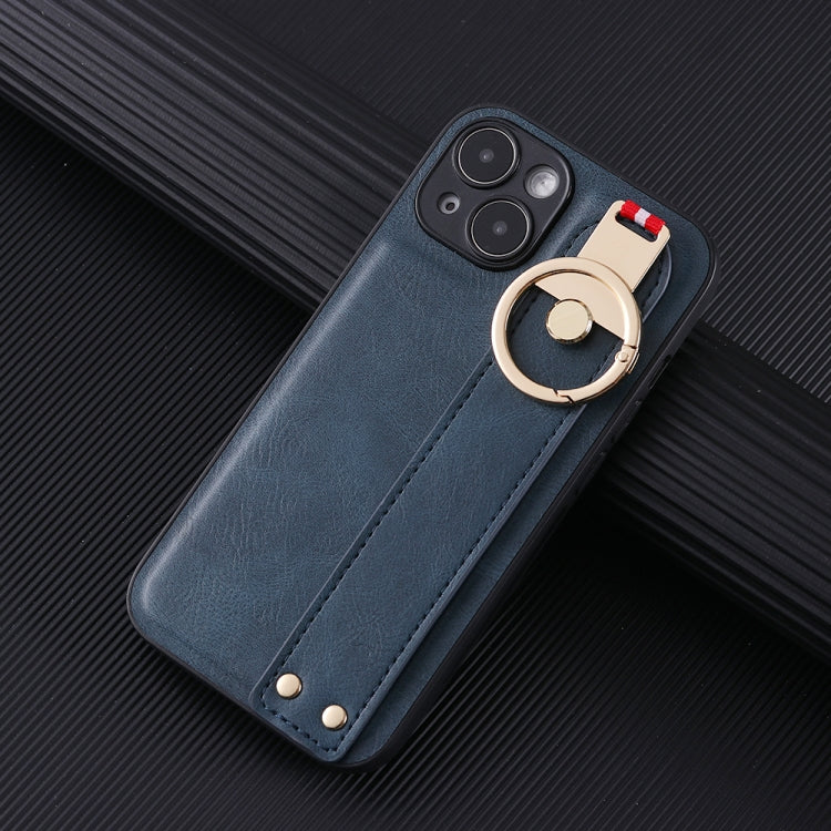 For iPhone 14 Plus Wristband Leather Back Phone Case