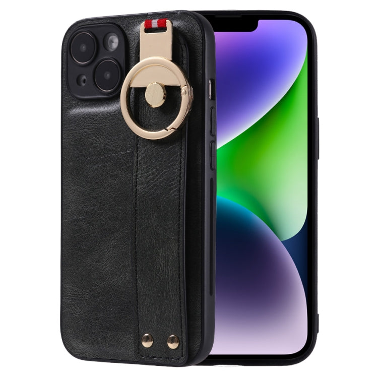 For iPhone 14 Plus Wristband Leather Back Phone Case