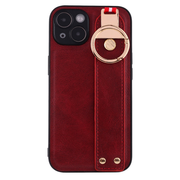 For iPhone 14 Plus Wristband Leather Back Phone Case