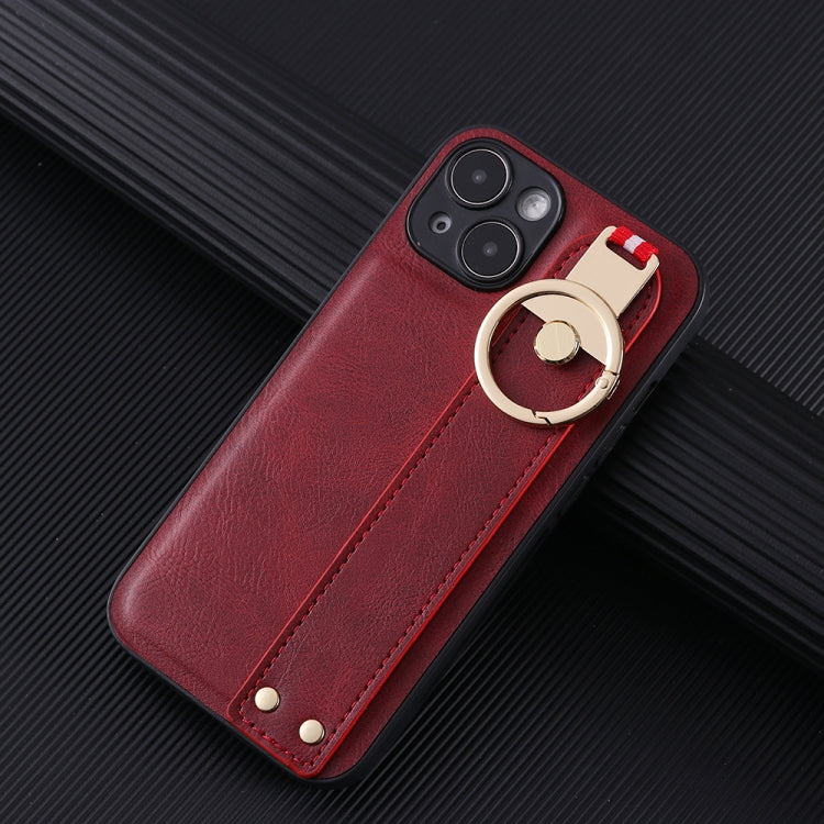 For iPhone 14 Plus Wristband Leather Back Phone Case