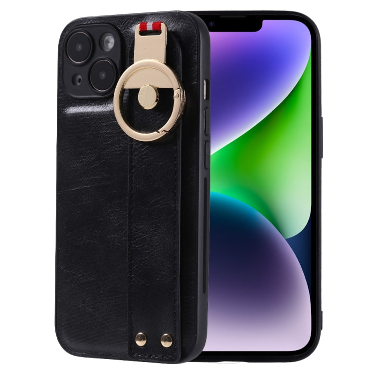 For iPhone 14 Plus Wristband Leather Back Phone Case
