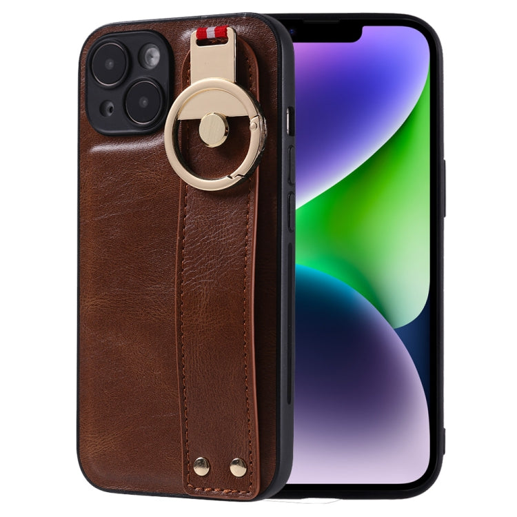 For iPhone 14 Plus Wristband Leather Back Phone Case