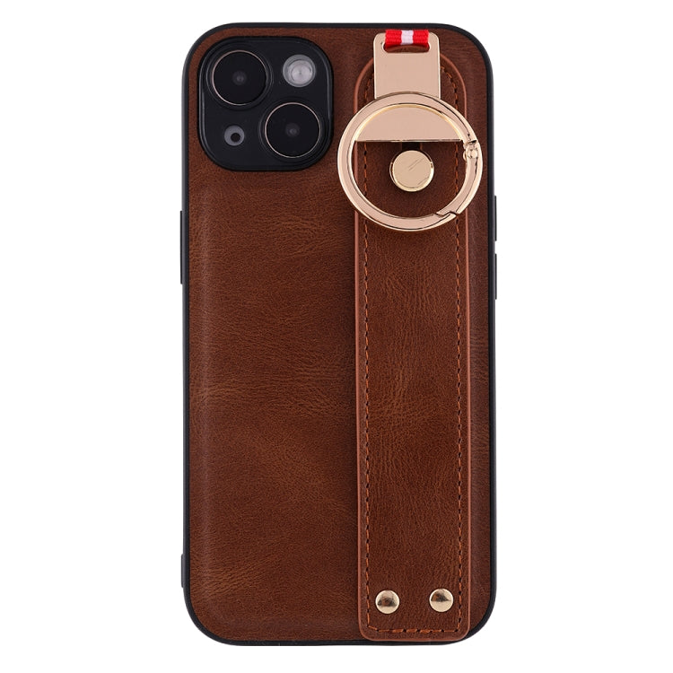 For iPhone 14 Plus Wristband Leather Back Phone Case