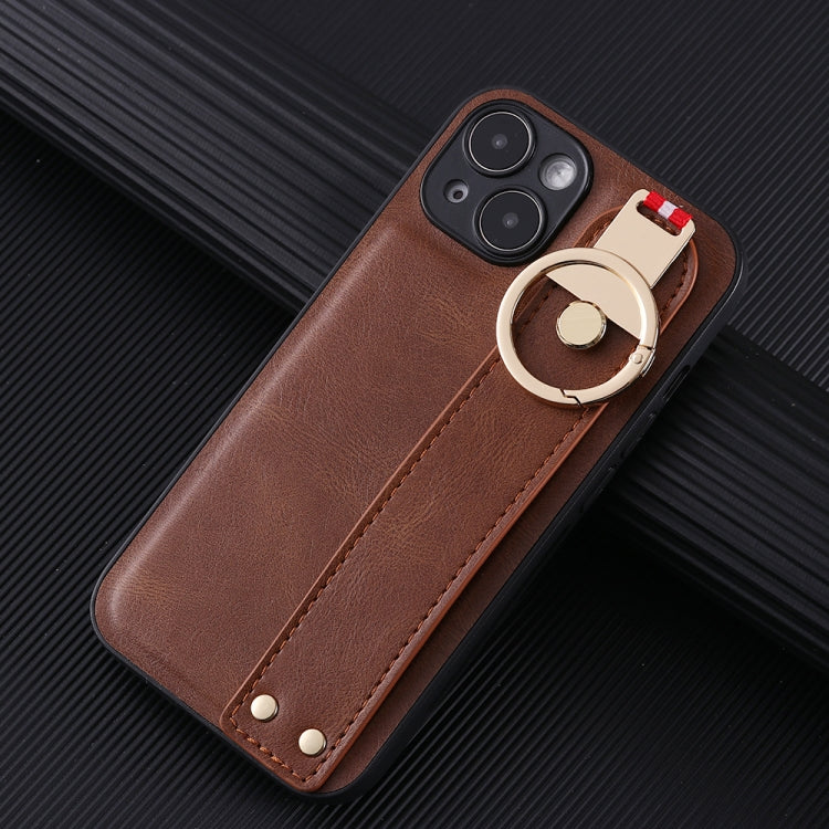 For iPhone 14 Plus Wristband Leather Back Phone Case