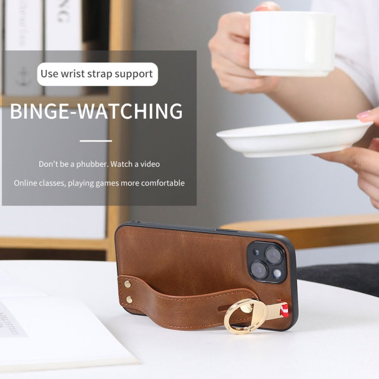For iPhone 14 Plus Wristband Leather Back Phone Case