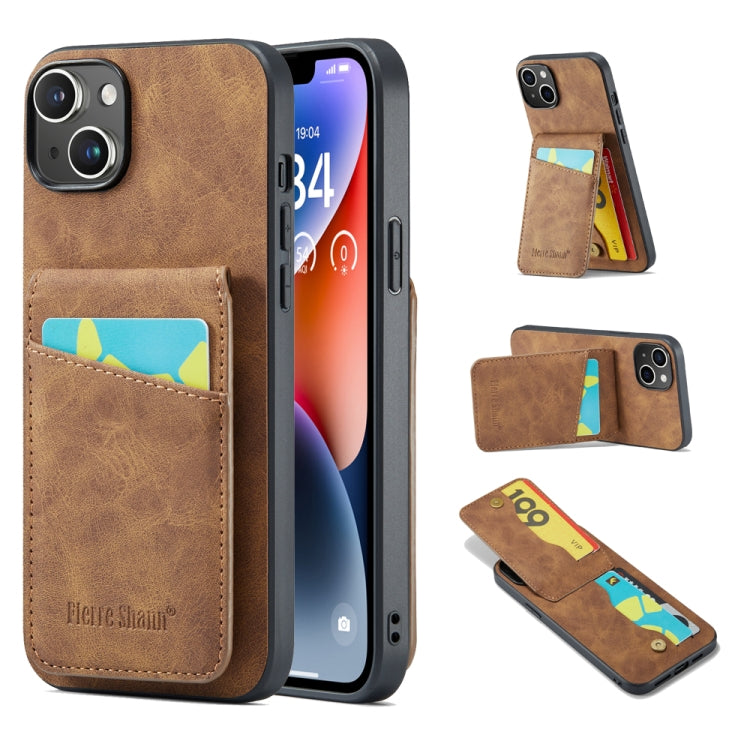 For iPhone 14 Fierre Shann Crazy Horse Card Holder Back Cover PU Phone Case