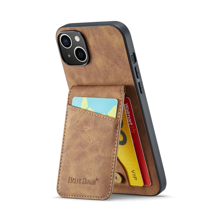 For iPhone 14 Fierre Shann Crazy Horse Card Holder Back Cover PU Phone Case