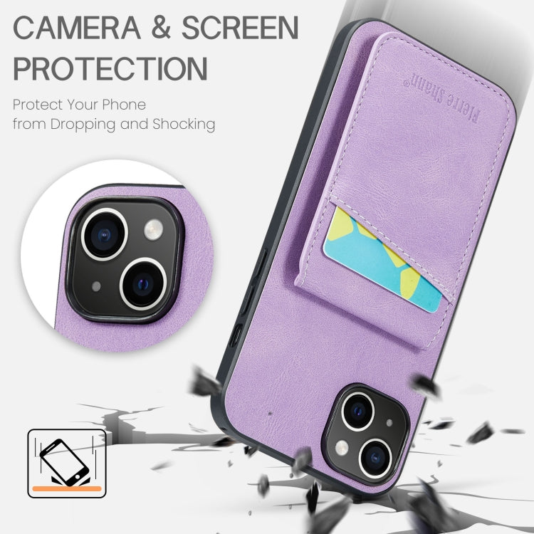 For iPhone 14 Fierre Shann Crazy Horse Card Holder Back Cover PU Phone Case