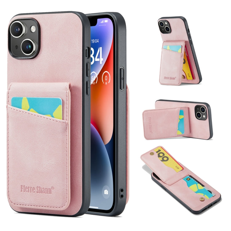 For iPhone 14 Plus Fierre Shann Crazy Horse Card Holder Back Cover PU Phone Case