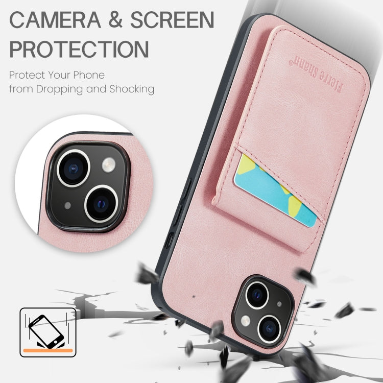 For iPhone 14 Plus Fierre Shann Crazy Horse Card Holder Back Cover PU Phone Case