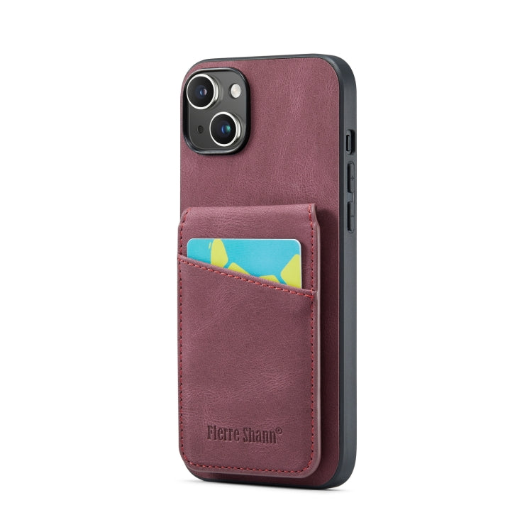 For iPhone 14 Plus Fierre Shann Crazy Horse Card Holder Back Cover PU Phone Case