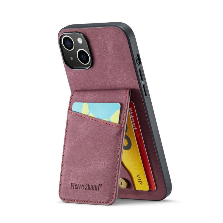 For iPhone 14 Plus Fierre Shann Crazy Horse Card Holder Back Cover PU Phone Case