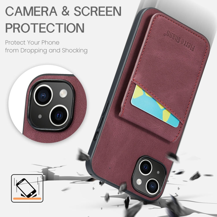 For iPhone 14 Plus Fierre Shann Crazy Horse Card Holder Back Cover PU Phone Case