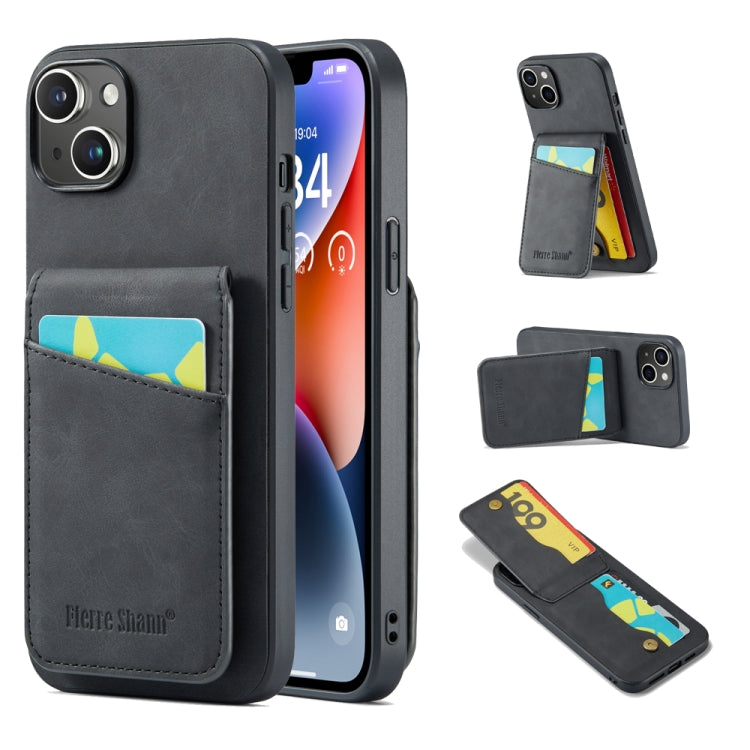 For iPhone 14 Plus Fierre Shann Crazy Horse Card Holder Back Cover PU Phone Case