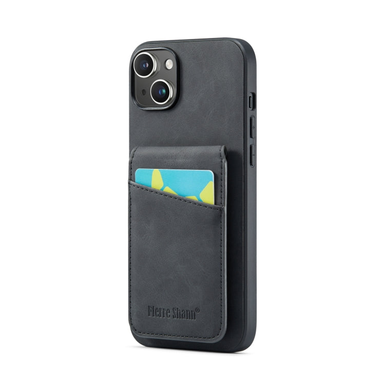 For iPhone 14 Plus Fierre Shann Crazy Horse Card Holder Back Cover PU Phone Case