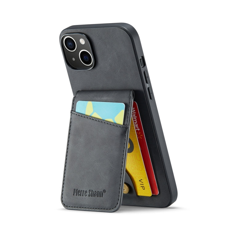For iPhone 14 Plus Fierre Shann Crazy Horse Card Holder Back Cover PU Phone Case