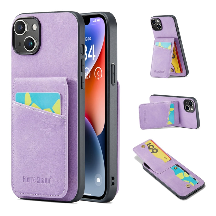 For iPhone 14 Plus Fierre Shann Crazy Horse Card Holder Back Cover PU Phone Case