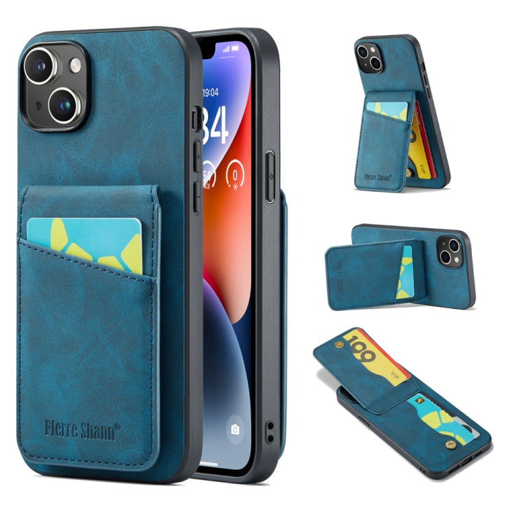 For iPhone 14 Plus Fierre Shann Crazy Horse Card Holder Back Cover PU Phone Case