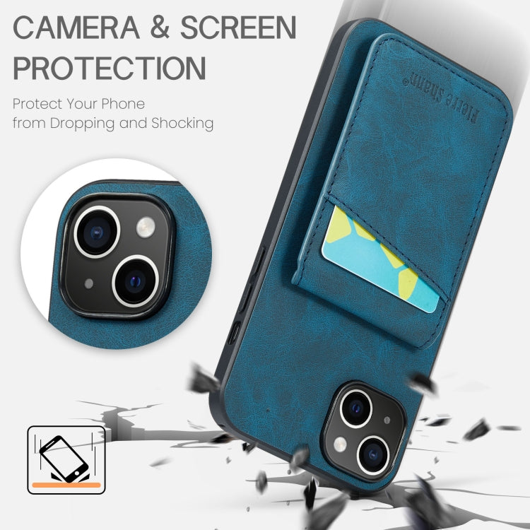 For iPhone 14 Plus Fierre Shann Crazy Horse Card Holder Back Cover PU Phone Case
