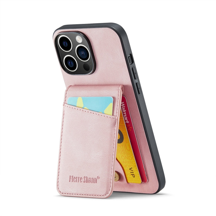 For iPhone 14 Pro Fierre Shann Crazy Horse Card Holder Back Cover PU Phone Case
