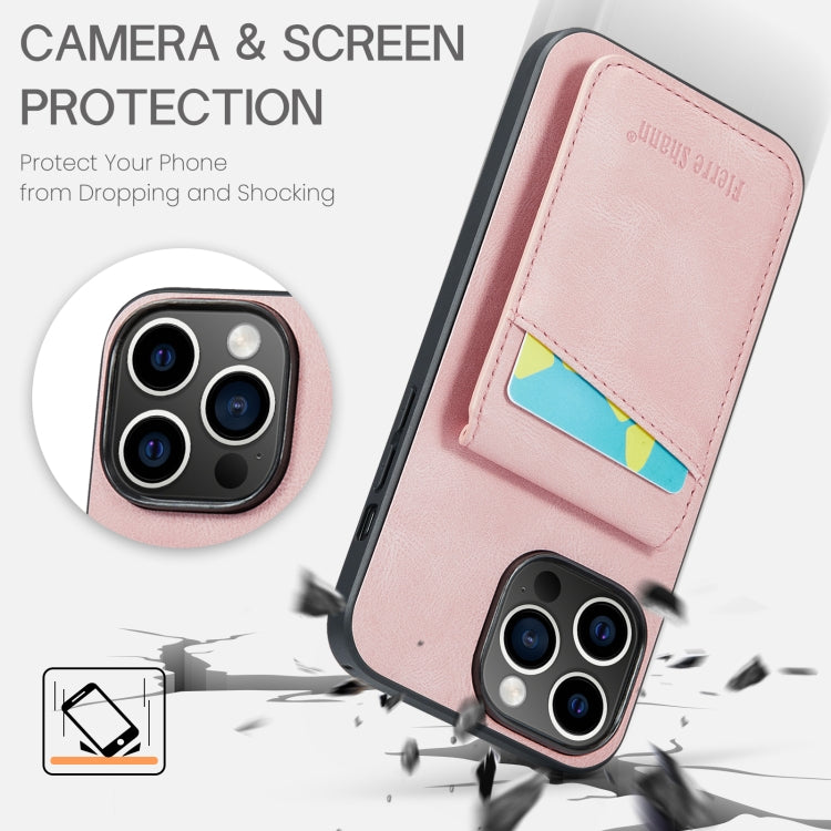 For iPhone 14 Pro Fierre Shann Crazy Horse Card Holder Back Cover PU Phone Case