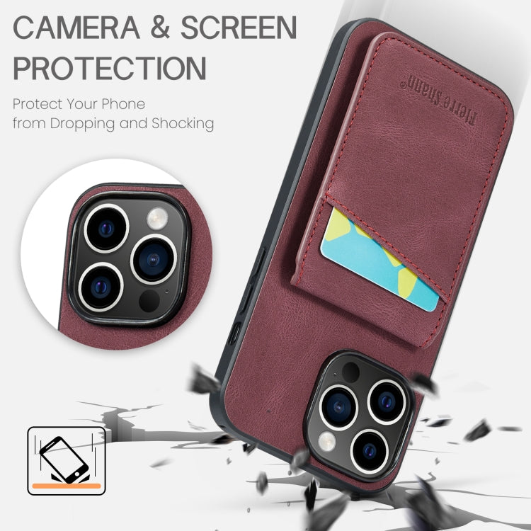 For iPhone 14 Pro Fierre Shann Crazy Horse Card Holder Back Cover PU Phone Case