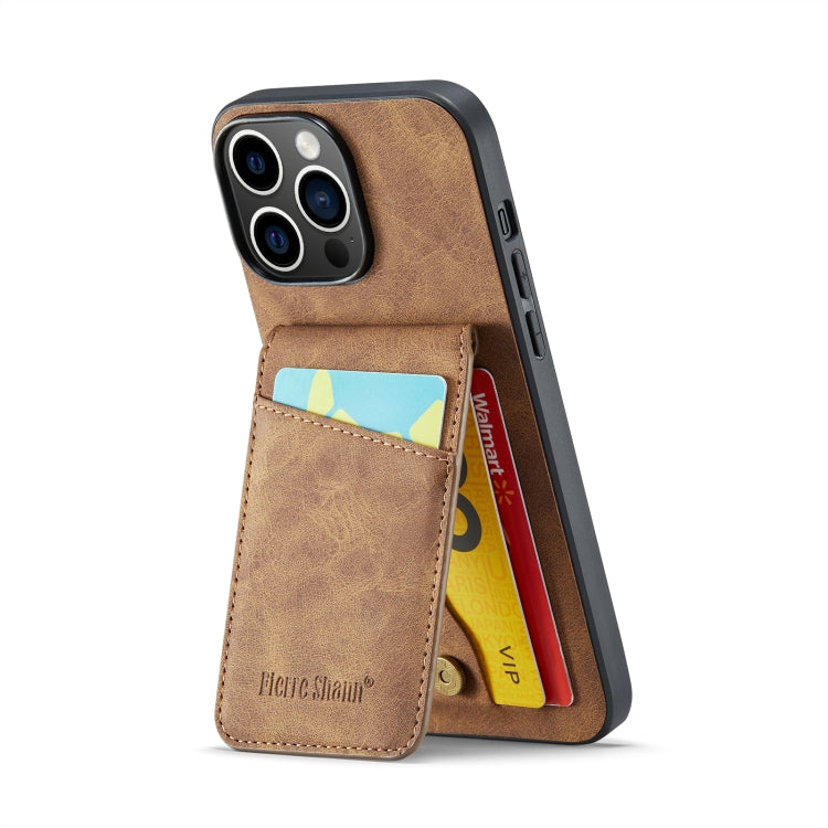 For iPhone 14 Pro Fierre Shann Crazy Horse Card Holder Back Cover PU Phone Case