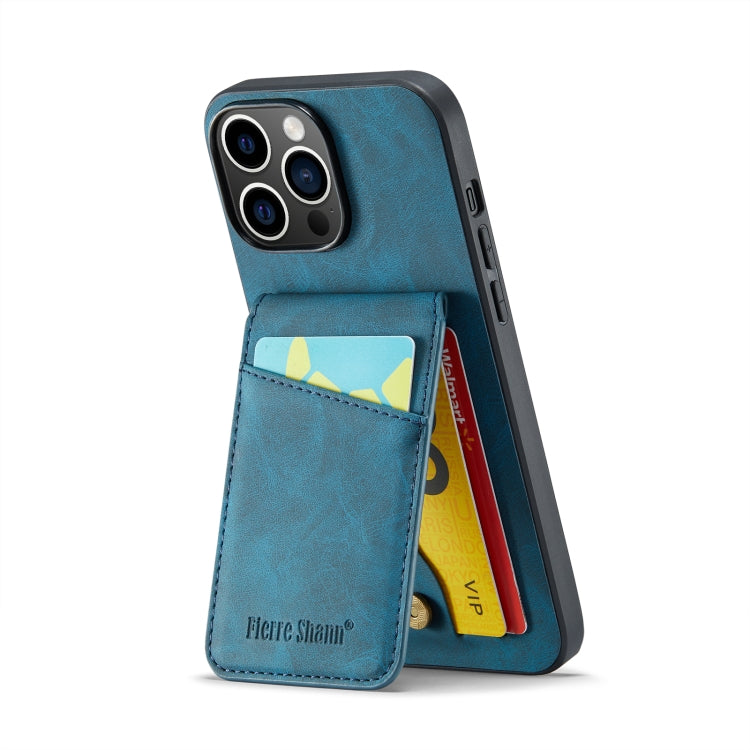 For iPhone 14 Pro Fierre Shann Crazy Horse Card Holder Back Cover PU Phone Case