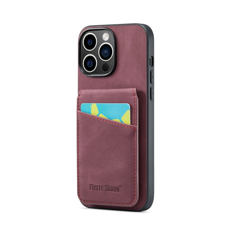 For iPhone 14 Pro Max Fierre Shann Crazy Horse Card Holder Back Cover PU Phone Case