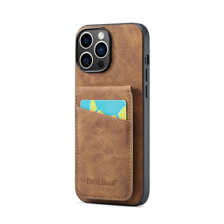 For iPhone 14 Pro Max Fierre Shann Crazy Horse Card Holder Back Cover PU Phone Case