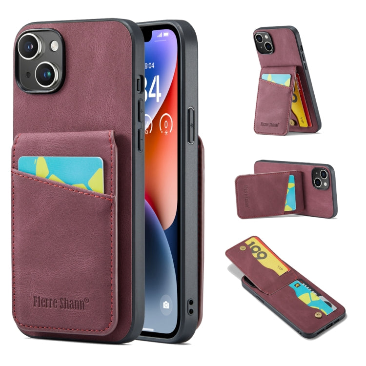 For iPhone 13 Fierre Shann Crazy Horse Card Holder Back Cover PU Phone Case