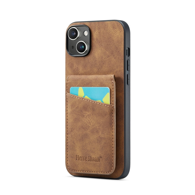 For iPhone 13 Fierre Shann Crazy Horse Card Holder Back Cover PU Phone Case