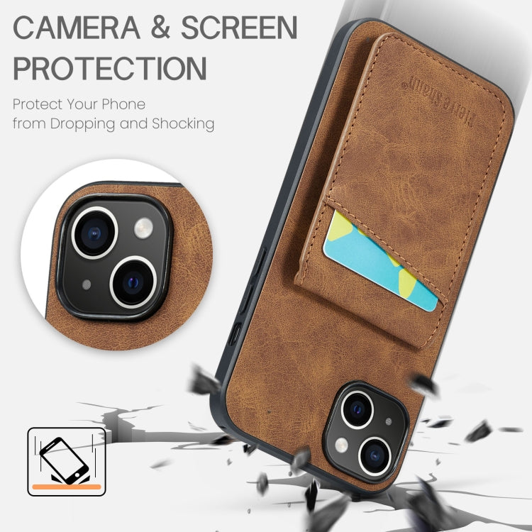For iPhone 13 Fierre Shann Crazy Horse Card Holder Back Cover PU Phone Case